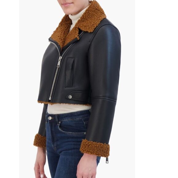 Rebecca Minkoff Faux Shearling Vegan Leather Moto Jacket, Black/Brown, Large NWT - Picture 5 of 16